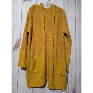 Umgee Sweater Womens Large Yellow Hooded‎ Open Front Cardigan Pockets Boho Cozy